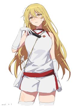 1girl bag blonde_hair breasts controller cowboy_shot dated gloves gym_shorts gym_uniform hair_between_eyes handbag highres holding holding_remote_control large_breasts long_hair remote_control shokuhou_misaki shorts simple_background solo takatisakana thighhighs toaru_kagaku_no_railgun toaru_kagaku_no_railgun_t toaru_majutsu_no_index tokiwadai_school_gym_uniform white_gloves white_shorts white_thighhighs yellow_eyes