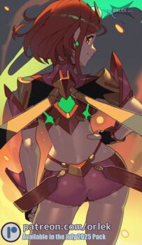 1girl bob_cut earrings fingerless_gloves fire gloves hand_on_own_hip impossible_clothes jewelry looking_at_viewer micro_shorts orlek patreon_logo patreon_username pyra_(xenoblade) red_eyes red_hair red_shorts short_hair shorts smile solo suspenders suspenders_hanging tiara xenoblade_chronicles_(series) xenoblade_chronicles_2