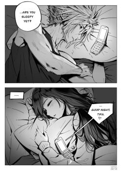 1boy 1girl artist_name bare_shoulders bed_sheet blush cellphone chocobo cloud_strife collarbone commentary couple english_commentary english_text final_fantasy final_fantasy_vii flip_phone greyscale heart highres long_hair long_sleeves lying monochrome on_side parted_lips phone pillow profile safaia short_hair sleeping speech_bubble spiked_hair talking_on_phone tank_top tifa_lockhart upper_body