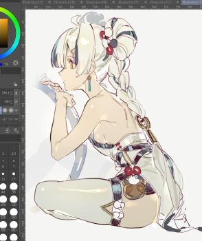 1girl art_program_in_frame bare_shoulders black_hair braid braided_twintails breasts chakram china_dress chinese_clothes closed_mouth dialyn_(zenless_zone_zero) dress earrings f4d1a6 from_side hair_extensions hair_ornament highres jewelry long_hair looking_ahead multicolored_hair panda_hair_ornament ring_hair_extensions shoulder_blades simple_background sitting small_breasts solo split-color_hair strapless strapless_dress thighhighs weapon white_background white_dress white_hair white_thighhighs yellow_eyes zenless_zone_zero