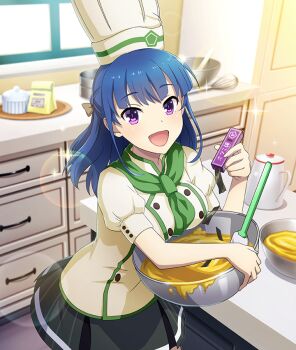 Rule 34 | 1girl, :d, baking, blue hair, bow, bowl, box, breasts, brown bow, buttons, chef hat, cowboy shot, dot nose, double-breasted, game cg, green neckerchief, green skirt, hair bow, hat, heijou institute school uniform, holding, holding bowl, holding box, indoors, kelp, kitchen, koike saaya, large breasts, lens flare, looking at viewer, medium hair, mixing bowl, neckerchief, official art, open mouth, patissier, purple eyes, school uniform, shelf, shirt, short sleeves, sidelocks, skirt, smile, solo, sparkle, spatula, teapot, third-party source, toji no miko, toji no miko: kizamishi issen no tomoshibi, translated, whisk, window, yellow hat, yellow shirt