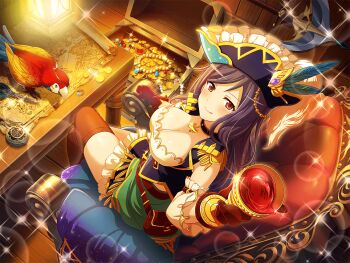 1girl :q bird breasts brown_bag brown_gloves brown_thighhighs chair cleavage coin crossed_legs cup game_cg gloves gold_coin hat holding holding_cup kochou_shizuha lamp large_breasts long_hair looking_at_viewer map_(object) official_art on_chair parrot pirate_hat purple_hair red_eyes shoujo_kageki_revue_starlight shoujo_kageki_revue_starlight_-re_live- sitting solo thighhighs tongue tongue_out treasure_chest upper_body waist_bag