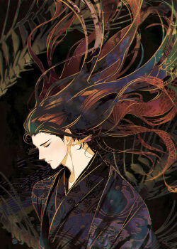 1boy animal_skeleton black_background black_hair black_hanfu brown_hair chinese_clothes closed_eyes closed_mouth colored_lineart earrings fish_skeleton floating_hair gold_earrings hanfu he_xuan highres jewelry kkcoocool long_hair long_sleeves male_focus patterned_hair print_robe purple_hanfu solo tianguan_cifu upper_body water