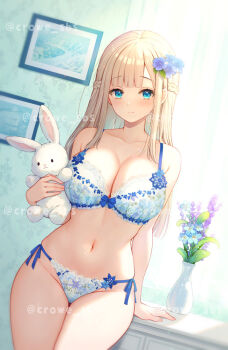 1girl bare_arms blonde_hair blue_bra blue_eyes blue_flower blue_panties blunt_bangs blush bra braid breasts cleavage collarbone comiket_107 commentary_request flower gradient_hair green_hair hair_flower hair_ornament holding holding_stuffed_toy indoors kuroe_(sugarberry) large_breasts long_hair looking_at_viewer multicolored_hair navel original panties picture_frame sidelocks smile solo standing stuffed_animal stuffed_rabbit stuffed_toy two-tone_hair underwear vase watermark