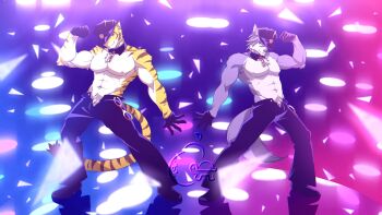 2boys abs animal_ears bara biceps black_gloves black_hat black_pants closed_mouth commentary cosplay cuffs derivative_work detached_collar dog_boy dog_ears dog_tail doingmorenatsu english_commentary flexing furry furry_male gloves handcuffs hat highres kouya_aotsuki looking_at_viewer male_focus meme morenatsu multiple_boys muscular muscular_male navel nipples open_fly pants panty_&amp;_stocking_with_garterbelt pectorals polyester_(psg) polyester_(psg)_(cosplay) polyurethane_(psg) polyurethane_(psg)_(cosplay) smile tail tiger_boy tiger_ears tiger_stripes tiger_tail topless_male torahiko_oshima