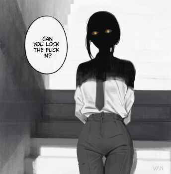 1girl arms_behind_back black_necktie black_pants can_you_lock_the_fuck_in_(meme) chainsaw_man english_text formal_clothes high-waist_pants highres looking_at_viewer makima_(chainsaw_man) meme necktie pant_suit pants profanity ringed_eyes shade shirt shirt_tucked_in sidelocks solo speech_bubble stairs suit vaniste white_shirt yellow_eyes