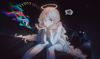 1girl absurdres black_sky blonde_hair building cat commentary creature curly_hair dress elbow_gloves elbow_rest elbows_on_knees english_commentary eyepatch fangda fantasy feet_out_of_frame fingerless_gloves glint gloves grey_eyes halo hand_rest highres jewelry long_hair looking_at_viewer necklace night one_eye_covered original outdoors ring short_dress sitting sky skyscraper sleeveless sleeveless_dress solo speech_bubble spoken_squiggle squiggle star_(sky) thighhighs traditional_halo very_long_hair white_dress white_gloves white_thighhighs