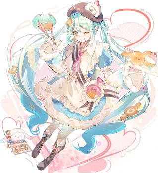 1girl ;d animal apron aqua_eyes aqua_hair asymmetrical_legwear blue_bow blue_dress blue_eyes blue_hair blue_pantyhose blue_sleeves blush boots bow bowtie bread brown_boots brown_hat commentary_request dessert detached_sleeves double-parted_bangs dress dress_bow food food-themed_clothes food-themed_hat_ornament frilled_apron frills full_body fur-trimmed_dress fur-trimmed_sleeves fur_trim hair_between_eyes hair_ornament hat hat_ornament hatsune_miku heart highres holding holding_tongs holding_tray key knee_boots long_hair long_sleeves looking_at_viewer mismatched_legwear necktie official_alternate_costume official_alternate_hairstyle one_eye_closed open_mouth outline pantyhose pink_necktie pink_pantyhose puffy_short_sleeves puffy_sleeves rabbit rabbit_yukine short_sleeves smile snowflake_print striped_clothes striped_pantyhose t0klma tongs tray twintails two-tone_sleeves very_long_hair vocaloid wavy_hair white_apron white_bow white_outline white_rabbit_(animal) wide_sleeves yuki_miku yuki_miku_(2026)