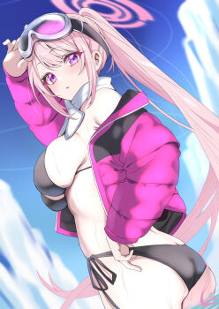 1girl absurdres ass bare_shoulders bikini black_bikini blue_archive breasts butt_crack commentary eimi_(blue_archive) eimi_(swimsuit)_(blue_archive) goggles goggles_on_head halo highres jacket large_breasts looking_at_viewer pink_hair pink_halo ponytail purple_eyes purple_jacket scarf swimsuit thighs tonomiya68 white_scarf