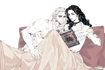 1boy 1girl black_choker black_hair book choker commentary_request darkyu-yj geralt_of_rivia highres holding holding_book limited_palette long_hair pendant_choker purple_eyes reading scar scars_all_over shirt the_witcher_(series) the_witcher_3 too_many white_background white_hair white_shirt yennefer_of_vengerberg