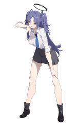 Rule 34 | 1girl, absurdres, black footwear, black skirt, blue archive, blue eyes, blue hair, blue necktie, blush, boots, collared shirt, commentary request, feishi, full body, grey background, halo, hand on own thigh, highres, leaning forward, long hair, long sleeves, looking at viewer, mechanical halo, necktie, open mouth, pleated skirt, see-through, see-through shirt, shirt, simple background, skirt, sleeves rolled up, solo, standing, sweat, two side up, wet, wet clothes, wet shirt, white shirt, wiping sweat, yuuka (blue archive)