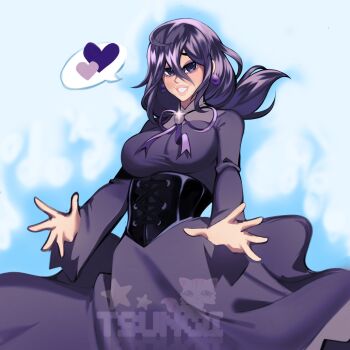 1girl 2025 alternate_breast_size arms_up artist_logo artist_name blue_background breasts clenched_teeth commentary corset dress earrings english_commentary female_focus gradient_background hair_between_eyes happy hex_maniac_(pokemon) hex_maniac_(pokemon_legends:_z-a) highres jewelry juliet_sleeves large_breasts light_blush lips logo long_hair long_sleeves looking_at_viewer low-tied_long_hair low_ponytail neck_ribbon nintendo on_head open_mouth outstretched_arms pantyhose pokemon pokemon_legends:_z-a ponytail puffy_sleeves purple_hair purple_lips purple_ribbon purple_shoes reference_work ribbon shoes signature simple_background smile solo spread_arms spread_fingers sweatdrop taut_clothes teeth tsunqi walking white_background