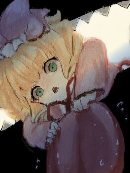 1girl blonde_hair bow coat commentary_request green_eyes hair_bow hinaichigo kiru_(m_putorius) long_sleeves mimic mimic_chest neck_ribbon open_mouth pink_bow pink_coat pulling_tongue red_ribbon ribbon rozen_maiden short_hair solo sousou_no_frieren static tongue upper_body