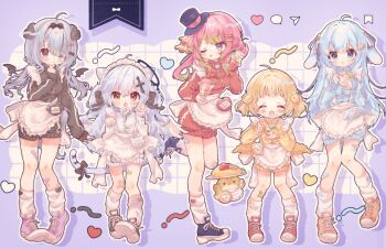 5girls :d :o ^_^ animal_ear_fluff animal_ears apron bandaid bandaid_on_knee bandaid_on_leg bird_hair_ornament black_bow black_jacket black_shoes black_shorts blonde_hair blue_eyes blue_hair blue_hat blue_jacket blue_shoes blue_shorts blush bow carrot_hair_ornament cat_ears cat_girl cat_tail cat_zipper closed_eyes closed_mouth coffee_mug commentary_request cup drinking_glass drop_shadow facing_viewer fang food food-themed_hair_ornament food_on_face frilled_apron frills full_body green_hair grid_background hair_bow hair_ornament hair_ribbon hands_up hat heart highres holding holding_cup holding_spoon jacket jersey_maid kamizakana_iriko long_hair long_sleeves looking_at_viewer low_twintails maid maid_headdress mug multicolored_hair multiple_girls omelet omurice one_eye_closed open_mouth orange_shoes original outline parfait pink_hair pink_shoes pink_streaks plate purple_ribbon red_eyes red_jacket red_shoes red_shorts ribbon shoes short_hair shorts skin_fang smile sneakers socks spoon standing standing_on_one_leg streaked_hair tail tongue tongue_out top_hat track_jacket twintails two-tone_hair two_side_up unconventional_maid v-shaped_eyebrows white_apron white_outline white_socks yellow_eyes yellow_jacket yellow_shorts zipper