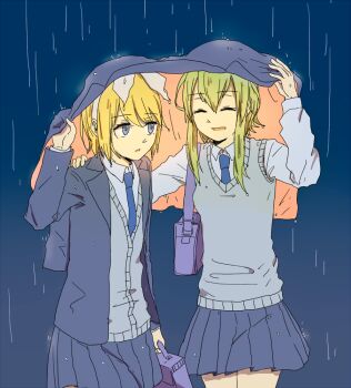 2girls bag blonde_hair blue_bag blue_eyes blue_necktie blue_skirt cardigan collared_shirt commentary_request green_hair grey_cardigan grey_sweater gumi hand_up hands_up holding holding_bag improvised_umbrella kagamine_rin long_sleeves looking_at_another medium_hair multiple_girls necktie parted_lips pleated_skirt shared_clothes shared_improvised_umbrella shared_jacket shirt short-sleeved_sweater short_hair short_sleeves shoulder_bag sidelocks skirt smile sweater vocaloid wet wet_clothes wet_hair white_shirt wounds404