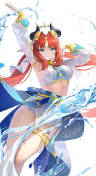 Rule 34 | 1girl, absurdres, aqua eyes, armpits, arms up, blue gemstone, blue skirt, blunt bangs, breasts, brooch, circlet, closed mouth, dancer, detached sleeves, fake horns, feet out of frame, floating hair, gem, genshin impact, gold trim, hand up, harem outfit, highres, horns, hydrokinesis, jewelry, jira (0116), legs together, long sleeves, looking at viewer, medium breasts, neck ring, nilou (genshin impact), parted bangs, puffy long sleeves, puffy sleeves, red hair, short shorts, shorts, sidelocks, skirt, smile, solo, thighlet, twintails, water, wet, white background, white shorts, white veil