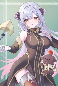 Rule 34 | 1girl, bare shoulders, brown dress, commentary request, cone hair bun, cosplay, demon girl, demon horns, demon tail, detached sleeves, dress, garter straps, gloves, gradient hair, hair between eyes, hair bun, highres, horns, indie virtual youtuber, long sleeves, multicolored hair, open mouth, orange eyes, pink hair, suou patra, tail, tear grants, tear grants (cosplay), thighhighs, torimarururu, virtual youtuber, white gloves, white hair