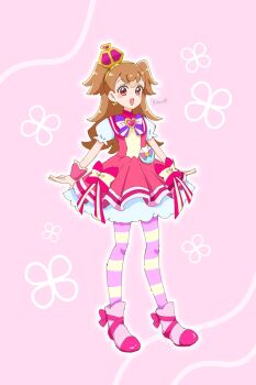 1girl 2v_iil3 :d arched_crown arms_at_sides blush boots bow bow_earrings brooch brown_hair capelet commentary cosplay crown cure_wonderful cure_wonderful_(cosplay) dress dress_bow earrings floral_background footwear_bow frilled_wrist_cuffs frills full_body gold_hairband hairband heart heart_brooch highres inukai_komugi jewelry long_hair looking_at_viewer magical_girl mini_crown multicolored_bow multicolored_pantyhose open_mouth pact_holder pantyhose petticoat pink_background pink_boots pink_bow pink_capelet pink_crown pink_dress pink_pantyhose pink_theme pink_wrist_cuffs pouch precure puffy_short_sleeves puffy_sleeves purple_bow red_eyes self_cosplay short_dress short_sleeves smile solo standing striped_bow striped_clothes striped_pantyhose tilted_headwear twitter_username two-tone_pantyhose two_side_up wonderful_pact wonderful_precure! wrist_cuffs yellow_pantyhose