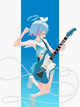 1girl :d alternate_costume armpits arona_(blue_archive) bare_arms bare_legs belly black_shirt blue_archive blue_background blue_hair blue_halo blue_nails blush cable choker closed_eyes commentary cropped_shirt electric_guitar flying_sweatdrops from_side gradient_clothes gradient_shirt guitar hair_ornament hair_ribbon halo hand_up highres holding holding_guitar holding_instrument holding_plectrum instrument jumping multicolored_hair nail_polish open_mouth pillarboxed pink_hair plectrum quilt_heron ribbon sailor_collar shirt shoes short_hair skirt smile sweatdrop two-tone_hair white_choker white_ribbon white_sailor_collar white_shoes white_skirt