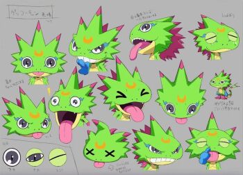 1boy :3 blue_gloves digimon digimon_(creature) digimon_beatbreak full_body gekkomon gloves grey_background grin multiple_views official_art reference_sheet sharp_teeth simple_background smile standing tail teeth toei_company tongue tongue_out translation_request