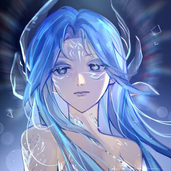 1girl bare_shoulders blue_background blue_eyeliner blue_hair blue_shirt blue_theme born_flawless_(infinity_nikki) breasts buhuihuahua24767 chinese_commentary closed_mouth commentary_request crystal downturned_eyes expressionless eyeliner eyeshadow facepaint feather_hair_ornament feathers hair_ornament highres infinity_nikki lens_flare light_particles lipstick long_hair looking_ahead makeup mascara material_growth nikki_(series) purple_eyeshadow purple_lips shirt simple_background solo sparkle strapless strapless_shirt upper_body