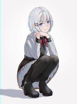1girl absurdres black_pantyhose black_shoes blue_eyes bow bowtie buttons closed_mouth commentary_request frills full_body hair_ornament highres long_sleeves looking_at_viewer pantyhose red_bow red_bowtie restrained ribbon sharc shibari shoe_soles shoes short_hair siesta_(tantei_wa_mou_shindeiru) smile solo squatting tantei_wa_mou_shindeiru white_hair x_hair_ornament