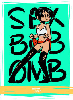 1girl artist_name bare_shoulders black_eyes black_hair black_hairband black_thighhighs blush border breasts cleft_of_venus closed_mouth clothes_lift collarbone commentary english_text expressionless flashing full_body green_background hair_over_one_eye hairband knives_chau lifting_own_clothes looking_at_viewer messy_hair midriff navel no_panties no_shoes phinci ponytail pussy red_skirt scott_pilgrim_(series) scott_pilgrim_takes_off short_hair signature sketch skirt skirt_lift small_breasts solo sports_bra spread_legs standing tan text_background thighhighs torn_clothes torn_thighhighs uncensored white_border white_sports_bra