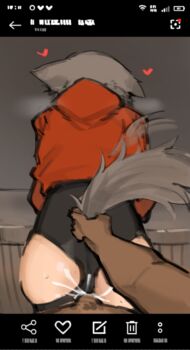 1boy 1girl animal_ears arknights black_one-piece_swimsuit casual_one-piece_swimsuit clothed_sex clothing_cutout cum cum_in_pussy dark-skinned_male dark_skin doggystyle fake_screenshot grey_background heart hetero highres hood hood_down hooded_jacket jacket one-piece_swimsuit pov projekt_red_(arknights) projekt_red_(light_breeze)_(arknights) red_jacket sex sex_from_behind sketch swimsuit tail tail_grab tail_through_clothes user_interface vaginal wolf_ears wolf_girl wolf_tail xerbatt