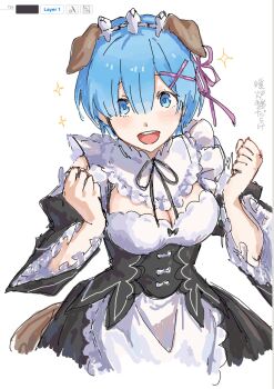 1girl animal_ear_hairband animal_ears art_program_in_frame blue_eyes blue_hair breasts cleavage clenched_hands commentary_request cropped_legs danroneko dog_ears dress fake_animal_ears frills hair_ornament hairband highres looking_at_viewer maid medium_breasts neck_ribbon open_mouth pink_ribbon re:zero_kara_hajimeru_isekai_seikatsu rem_(re:zero) ribbon roswaal_mansion_maid_uniform short_hair simple_background sketch smile solo sparkle teeth upper_teeth_only white_background x_hair_ornament