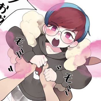 1boy 1girl :o absurdres backpack bag blue_hair body_control brown_bag clenched_hands collarbone commentary_request glasses hands_on_another&#039;s_chest hands_up highres hood hoodie long_sleeves mochi_mochi_dance multicolored_hair nintendo no_pupils open_mouth penny_(pokemon) pleated_skirt poke_ball_print pokemon pokemon_sv purple_eyes red_hair round_eyewear see-through_clothes see-through_skirt short_hair skirt teeth two-tone_hair upper_teeth_only white_background youjo_modoki