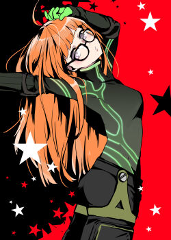 1girl ahoge arms_up ass black_bodysuit bodysuit breasts from_side glasses gloves green_gloves hair_spread_out head_tilt highres long_hair looking_at_viewer oracle_(persona_5) orange_hair outstretched_arm parted_lips persona persona_5 pipioo088 purple_eyes sakura_futaba small_breasts solo star_(symbol) star_symbol_background two-tone_background very_long_hair