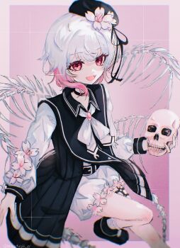 1girl beret black_choker black_coat black_hat choker coat commentary_request cross_ornament fang flower flower-trimmed_dress flower-trimmed_sleeves gradient_hair hair_flower hair_ornament hat hat_flower highres holding holding_skull long_sleeves looking_at_viewer mahou_shoujo_no_majo_saiban motosho multicolored_hair o-ring o-ring_thigh_strap open_mouth pink_background pink_eyes pink_hair puffy_sleeves sakuraba_ema short_hair skeletal_wings skull smile thigh_strap white_flower white_hair wings witch_(manosaba) x_hair_ornament