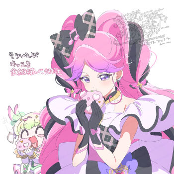Rule 34 | 2girls, black bow, black dress, black gloves, black hair, bow, cure kiss, cure zukyuun, donut, dress, dress bow, earrings, eating, food, glove bow, gloves, gradient hair, hair bow, highres, holding, holding food, jewelry, kimi to idol precure, long hair, meroron (precure), multicolored dress, multicolored hair, multiple girls, parted bangs, pink bow, pink dress, pink hair, precure, purirun (precure), purple eyes, purple hair, serizawa serizane, simple background, solo focus, streaked hair, translation request, upper body, very long hair, watermark, white background, white dress