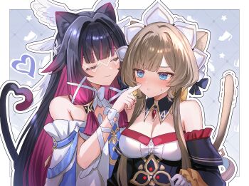 2girls animal_ears bare_shoulders black_hair blue_eyes blush breasts brown_hair cat_ears cat_girl cat_tail cheek_poking cleavage closed_eyes closed_mouth columbina_(genshin_impact) commentary_request detached_collar detached_sleeves dress eye_mask genshin_impact hair_ornament heart highres long_hair mask medium_breasts mocchiri290 multicolored_hair multiple_girls pink_hair poking sandrone_(genshin_impact) smile sweatdrop tail upper_body white_dress wing_hair_ornament wings yuri