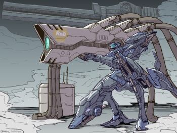 armored_core armored_core_vi:_fires_of_rubicon cables crossover gundam gundam_00 highres kneeling magnetic_weapon mecha mecha_focus meru77464787 no_humans railgun robot scope steel_haze v.iv_rusty