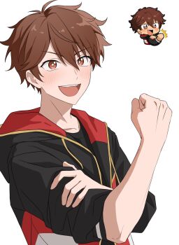 +_+ 1boy brown_eyes brown_hair clenched_hand derivative_work ensemble_stars! hair_between_eyes hand_on_own_arm hand_up highres hood hood_down hooded_jacket jacket lat_(latttttt_) long_sleeves male_focus morisawa_chiaki open_mouth protected_link reference_inset short_hair simple_background smile teeth upper_body upper_teeth_only white_background