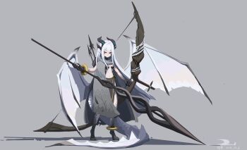 Rule 34 | 1girl, 2025, absurdres, arrow (projectile), black horns, black scales, bow (weapon), commentary request, dated, dragon claw, dragon girl, dragon horns, dragon tail, dragon wings, flat chest, grey background, grey cloak, highres, holding, holding bow (weapon), holding polearm, holding weapon, horns, huge weapon, hushou896792, lance, long hair, looking at viewer, original, polearm, quiver, red eyes, shadow, simple background, solo, standing, stomach, tail, weapon, white hair, white wings, wings
