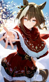 1girl absurdres animal_ears blue_eyes blush bow brown_hair capelet cheval_grand_(umamusume) christmas commentary_request dress ear_bow fur-trimmed_capelet fur-trimmed_dress fur_trim green_bow hair_between_eyes highres horse_ears horse_girl horse_tail long_hair long_sleeves looking_at_viewer multicolored_hair open_mouth outstretched_arm reaching reaching_towards_viewer red_bow red_capelet red_dress red_scarf santa_costume santa_dress scarf smile solo streaked_hair tail umamusume white_hair yoojp
