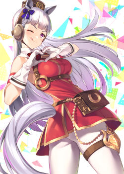 1girl ;q animal_ears armband bow breasts bucchake_(asami) colorful_background commentary_request cowboy_shot dress ear_bow gloves gold_ship_(red_strife)_(umamusume) gold_ship_(umamusume) grey_hair heart heart_hands horse_ears horse_girl horse_tail long_hair looking_at_viewer one_eye_closed pantyhose pillbox_hat purple_eyes red_dress simple_background sleeveless sleeveless_dress smile solo striped_armband striped_clothes tail thigh_strap tongue tongue_out umamusume white_gloves white_pantyhose
