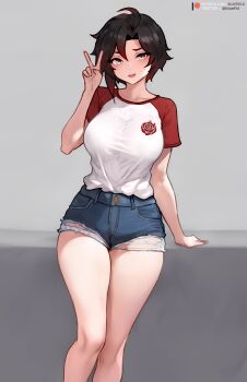1girl ahoge alternate_costume artist_name bare_legs black_hair bluefield breasts casual collarbone colored_tips curvy cutoffs denim denim_shorts feet_out_of_frame grey_eyes head_tilt highres large_breasts leaning_back multicolored_hair open_mouth patreon_logo patreon_username raglan_sleeves red_hair ruby_rose rwby shirt_tucked_in short_hair short_shorts short_sleeves shorts simple_background smile solo thick_thighs thighs twitter_username v watermark web_address wide_hips