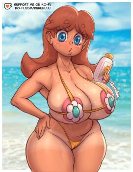 1girl areola_slip artist_name bikini blue_eyes blue_sky blurry blurry_background breasts brown_hair cameltoe cloud collarbone cowboy_shot curvy day depth_of_field female_pubic_hair hand_on_own_hip highres huge_breasts ko-fi_username large_areolae long_hair looking_at_viewer mario_(series) micro_bikini nintendo ocean outdoors parted_bangs princess_daisy pubic_hair pubic_hair_peek ruruduu sky solo standing swimsuit tan tanline water