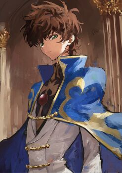1boy blue_cape brown_hair cape code_geass column expressionless fuyumurasaki green_eyes highres kururugi_suzaku male_focus pillar shirt short_hair solo two-tone_cape upper_body white_shirt