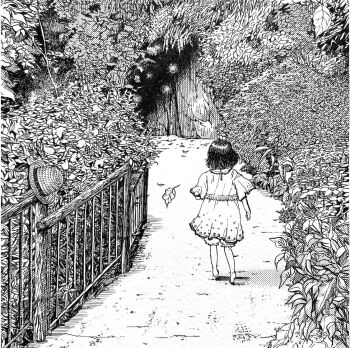 1girl barefoot bloomers cave child crosshatching dress facing_away falling_leaves fence greyscale hat hatching_(texture) leaf monochrome nashika_t nature original outdoors path plant road scenery short_sleeves solo underwear unworn_hat unworn_headwear walking