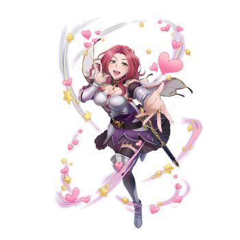 1girl :d armor armored_boots artist_request aura bare_shoulders black_choker black_skirt black_sleeves black_thighhighs boots bracer breasts cape choker cleavage couter detached_sleeves dress floating_clothes frilled_choker frills full_body game_cg gem gold_armband gold_trim greaves green_eyes hands_up heart looking_at_viewer malty_s_melromarc medium_breasts medium_hair miniskirt official_art open_mouth outstretched_arm pleated_skirt poleyn purple_choker purple_dress red_gemstone red_hair sabaton scabbard sheath sheathed short_cape sidelocks simple_background skirt skirt_under_dress sleeveless sleeveless_dress smile solo standing standing_on_one_leg star_(symbol) strapless strapless_dress sword tate_no_yuusha_no_nariagari tate_no_yuusha_no_nariagari_rerise teeth thighhighs tongue transparent_background two-tone_choker upper_teeth_only v-shaped_eyebrows vambraces weapon white_cape zettai_ryouiki