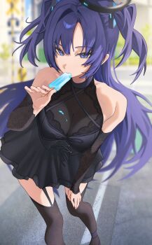 1girl alternate_costume bare_shoulders black_dress black_garter_straps black_halo black_thighhighs blue_archive breasts cleavage commentary_request detached_sleeves dress food garter_straps goth_fashion halo highres holding holding_food holding_popsicle large_breasts long_hair looking_at_viewer melting_popsicle popsicle purple_eyes purple_hair rosumini see-through_clothes see-through_sleeves solo thighhighs two_side_up yuuka_(blue_archive)