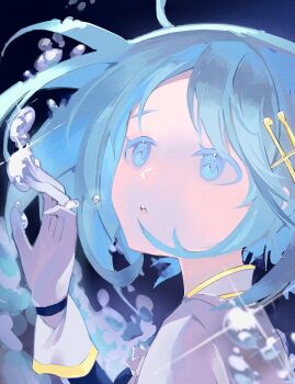 1girl blue_eyes blue_hair bubble capelet colored_eyelashes commentary gloves hair_ornament hand_up highres liquid looking_up looshue magical_girl mahou_shoujo_madoka_magica mahou_shoujo_madoka_magica_(anime) miki_sayaka miki_sayaka_(magical_girl) open_mouth portrait short_hair solo water white_capelet white_gloves