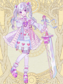 1girl :d ankle_garter bare_shoulders blue_bow blue_hair blue_nails blunt_bangs bow bowtie brooch candy clothing_cutout collar collared_dress cross-laced_clothes curly_hair cute_weapon dairoku_ryouhei dress earrings empire_waist food food-themed_clothes food-themed_earrings food_themed_earrings footwear_bow frilled_dress frilled_sleeves frills full_body greatsword grey_hair hair_bow hair_ornament hand_on_own_cheek hand_on_own_face heart heart_brooch heart_hair_ornament heart_print highres holding holding_sword holding_weapon jewelry knees_together_feet_apart long_hair long_sleeves mary_janes multicolored_nails open_mouth orange_nails otogawa_(tw) pantyhose pink_bow pink_dress pink_hair pink_shoes planted planted_sword planted_weapon platform_shoes puffy_long_sleeves puffy_sleeves purple_bow purple_bowtie purple_eyes rabbit_ornament shoes shoulder_cutout smile solo spiked_collar spikes standing strawberry_earrings sword thigh_strap tochigi_saline twintails two-tone_dress weapon white_dress white_pantyhose wrapped_candy yellow_background yume_kawaii