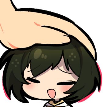 1girl black_hair blush chibi cloak closed_eyes commission commissioner_upload emoji fire_emblem fire_emblem:_radiant_dawn gliesse82_5 headpat laura_(fire_emblem) nintendo open_mouth solo