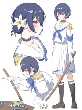 Rule 34 | 1girl, absurdres, amama (pcnk4878), black choker, black socks, blue hair, blue nails, blue neckerchief, blush, brown shoes, choker, closed mouth, commentary request, epaulettes, fingernails, flower, hair bun, hair flower, hair ornament, highres, idolmaster, idolmaster shiny colors, kneehighs, long sleeves, morino rinze, multiple views, nail polish, neckerchief, pleated skirt, red eyes, sailor collar, sailor shirt, school uniform, serafuku, shirt, shoes, short hair, simple background, single side bun, skirt, socks, standing, white background, white sailor collar, white serafuku, white shirt, white skirt
