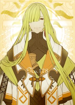 1boy alternate_color black_shirt blunt_bangs brown_cloak brown_eyes brown_vest cloak earrings empty_eyes gen_2_pokemon green_hair green_vest hair_over_one_eye highres jewelry lapels lollypopcandy8050 looking_at_viewer male_focus multicolored_cloak nintendo orange_cloak personification pokedex_number pokemon shiny_pokemon shirt single_earring smile solo straight-on sun_symbol tassel tassel_earrings turtleneck upper_body vest white_background white_cloak xatu